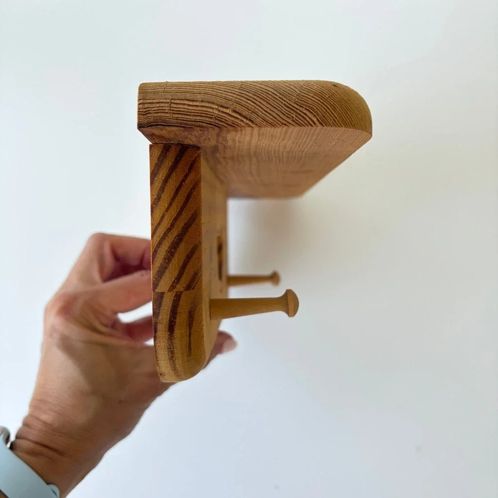 Vintage Pine Wood Wall Shelf Heart Cutout 2 Peg Towel Rack Country Rustic 12in